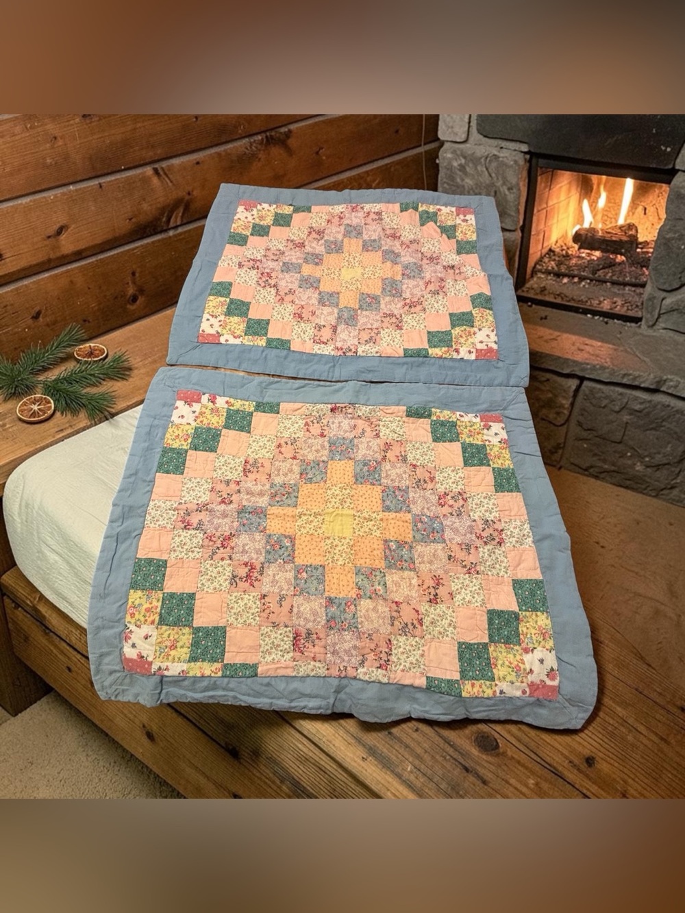 Vintage 2 Patchwork Quilted Trip Around World Pillow Shams Standard Floral